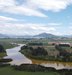 A brown-colored river flows through agricultural land in Colombia