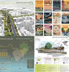 Images from 4 of the Superstudio projects showing maps, diagrams, and visualizations