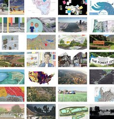 Grid of 28 images of Superstudio project submissions showing a variety of work including maps, photos, sketches, and visualizations