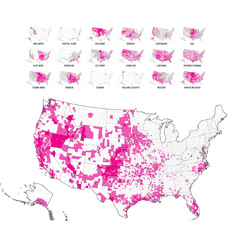18 small maps of the US each labeled with a disaster type above a large map of the US with the counties identified as Disaster Hot Spots in shades of pink