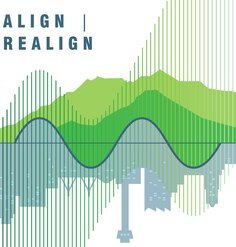 A graphic of green hills over an upside down city