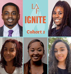A grid of 5 headshots with text saying "LAF Ignite Cohort 2"