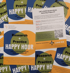 A splay of postcards promoting LAF's research in practice happy hour at #ASLA2023