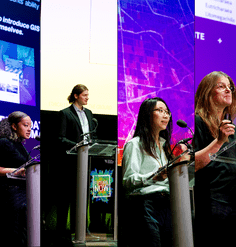 collage image of four speakers presenting standing at a podium